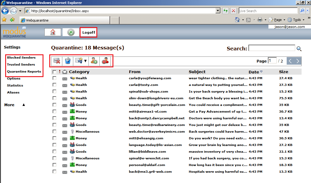 Tableau de bord de quarantaine du filtre anti-pourriel Web