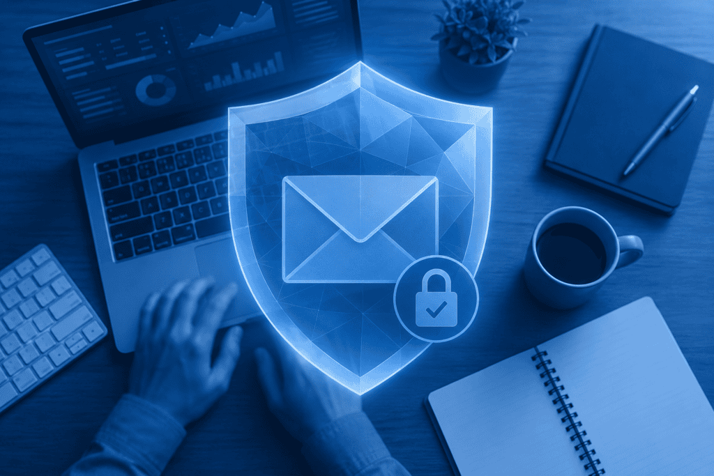 Email security concept showing a glowing shield and padlock over a modern office desk with a laptop and hands typing