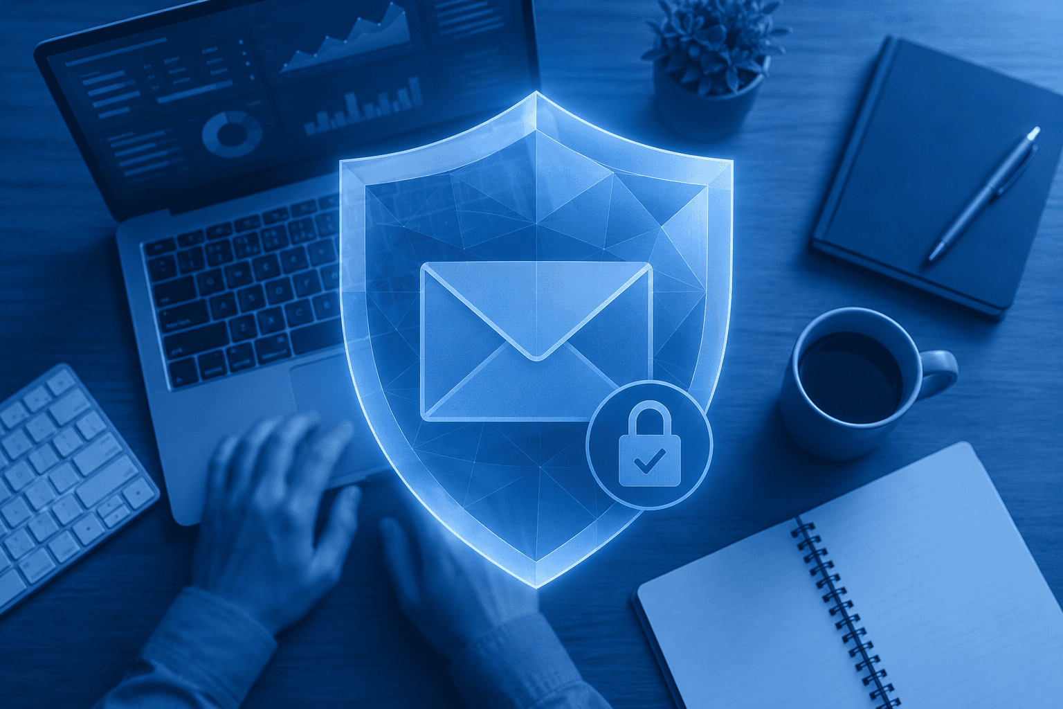 Email security concept showing a glowing shield and padlock over a modern office desk with a laptop and hands typing
