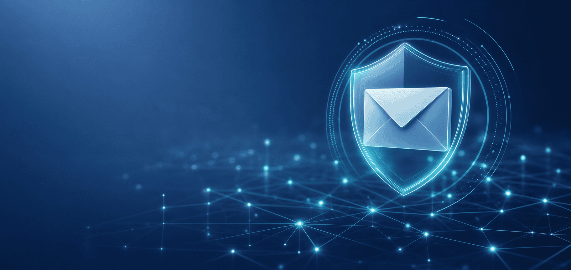 Glowing digital shield protecting an email envelope over a blue cybersecurity network mesh