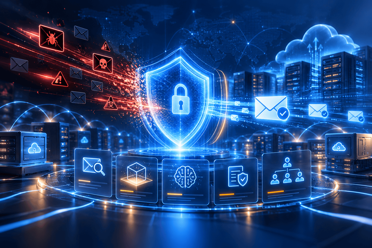 Futuristic cybersecurity network showing a glowing shield blocking malicious email threats before safe messages reach cloud servers and MSP environments.
