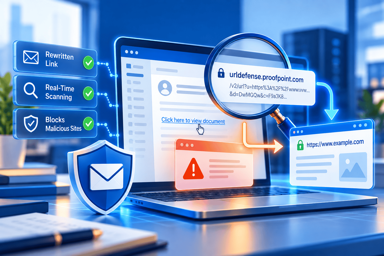 Proofpoint URL Defense scanning a rewritten email link in real time to detect malicious websites and phishing threats