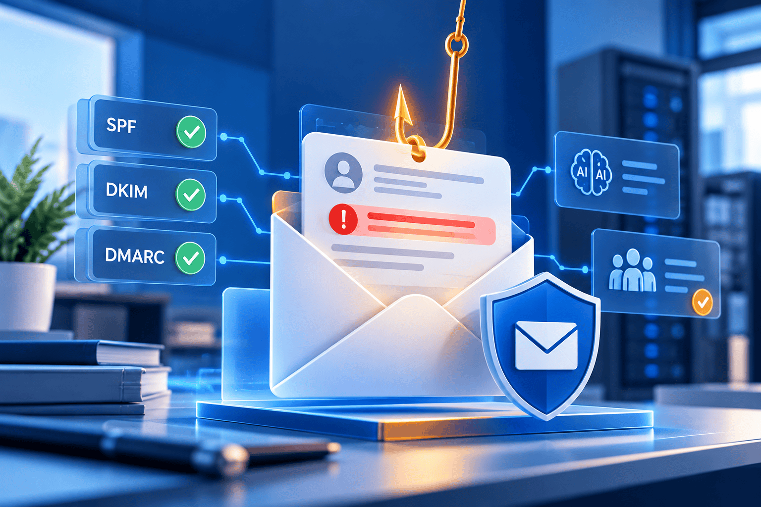 Business email compromise protection illustration showing a suspicious phishing email, SPF, DKIM and DMARC authentication checks, AI detection, and layered email security.